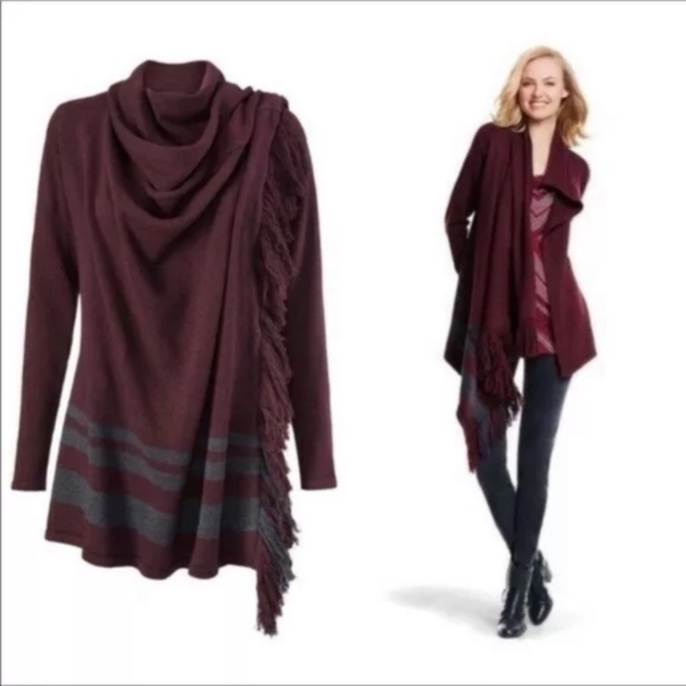 CAbi Port Fringe Wrap Eggplant Striped Wrap Sweater Women’s Sz Medium‎ #3002